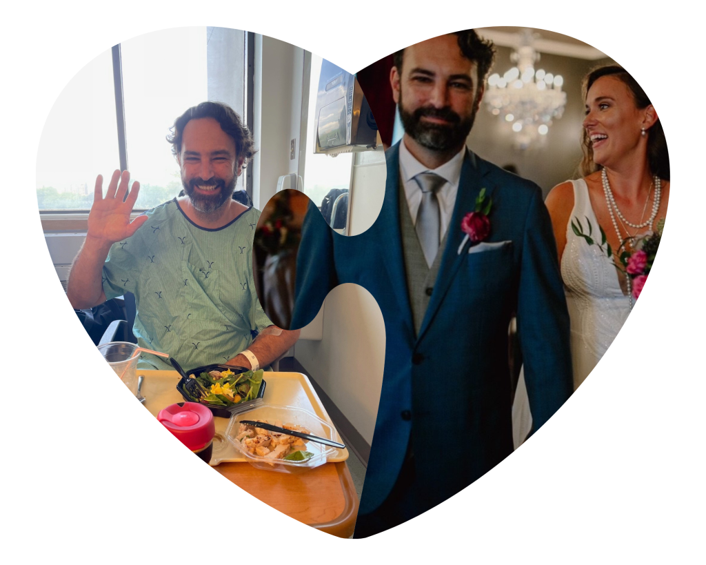 Kenton Leier in hospital and on his wedding day with his bride, Tanya